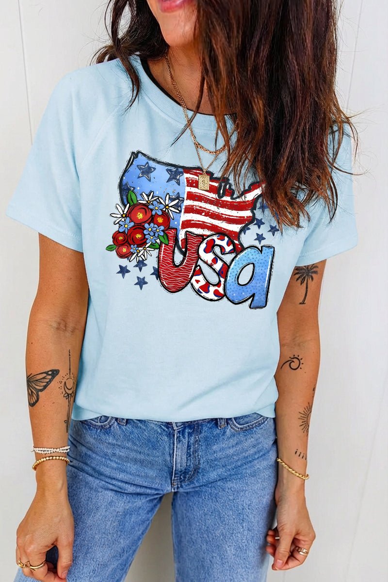 4th of July Floral USA Flag Patriotic Graphic Tee