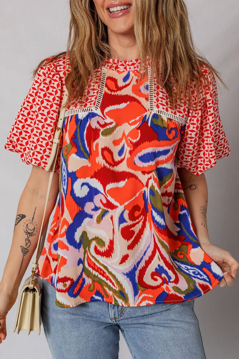Patchwork Abstract Blouse Boho Puff Sleeve Top