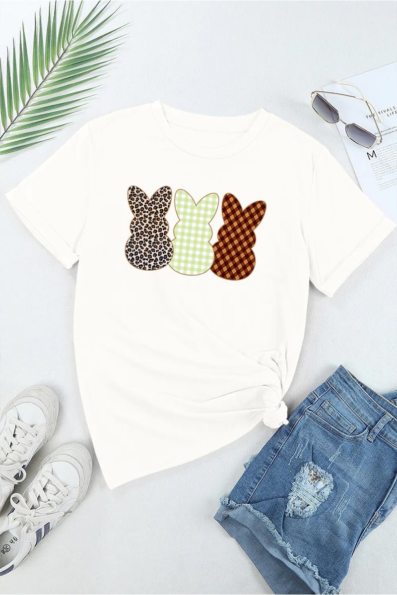 Three Bunny Graphic Tee Women Easter Spring Casual Shirt