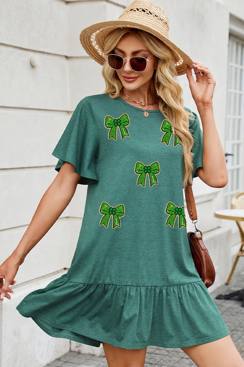 St Patricks Day Shamrock Bow Print Ruffle Dress