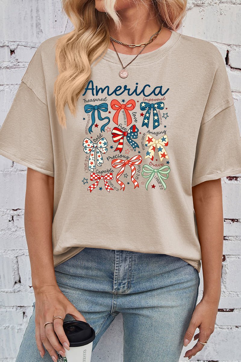America Bow Print Rayon Tee Oversized Patriotic Top