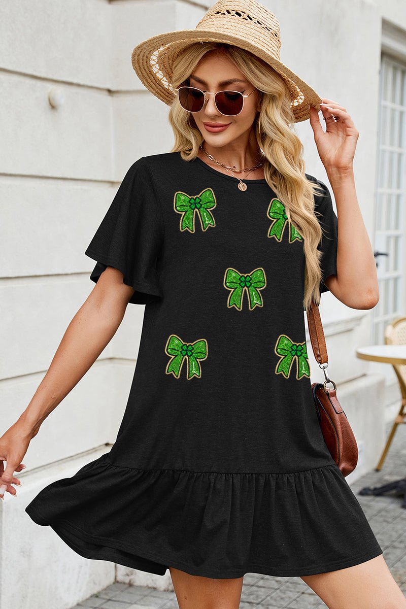 St Patricks Day Shamrock Bow Print Ruffle Dress