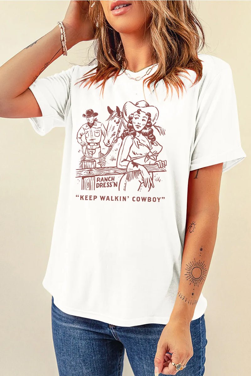 Vintage Western Cowboy Couple Graphic Tee Retro Cowgirl Top