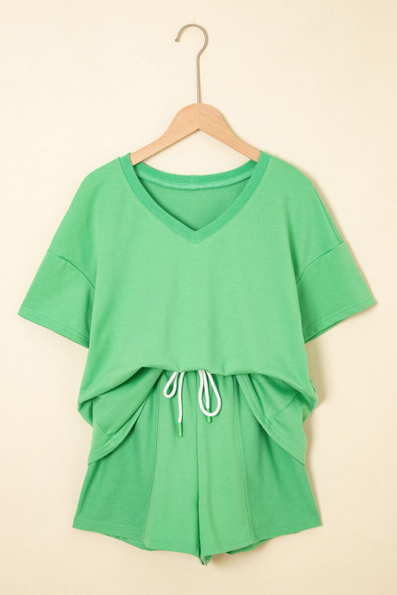 Mint Green V Neck Drop Shoulder Tee and Patchwork Drawstring Shorts Set