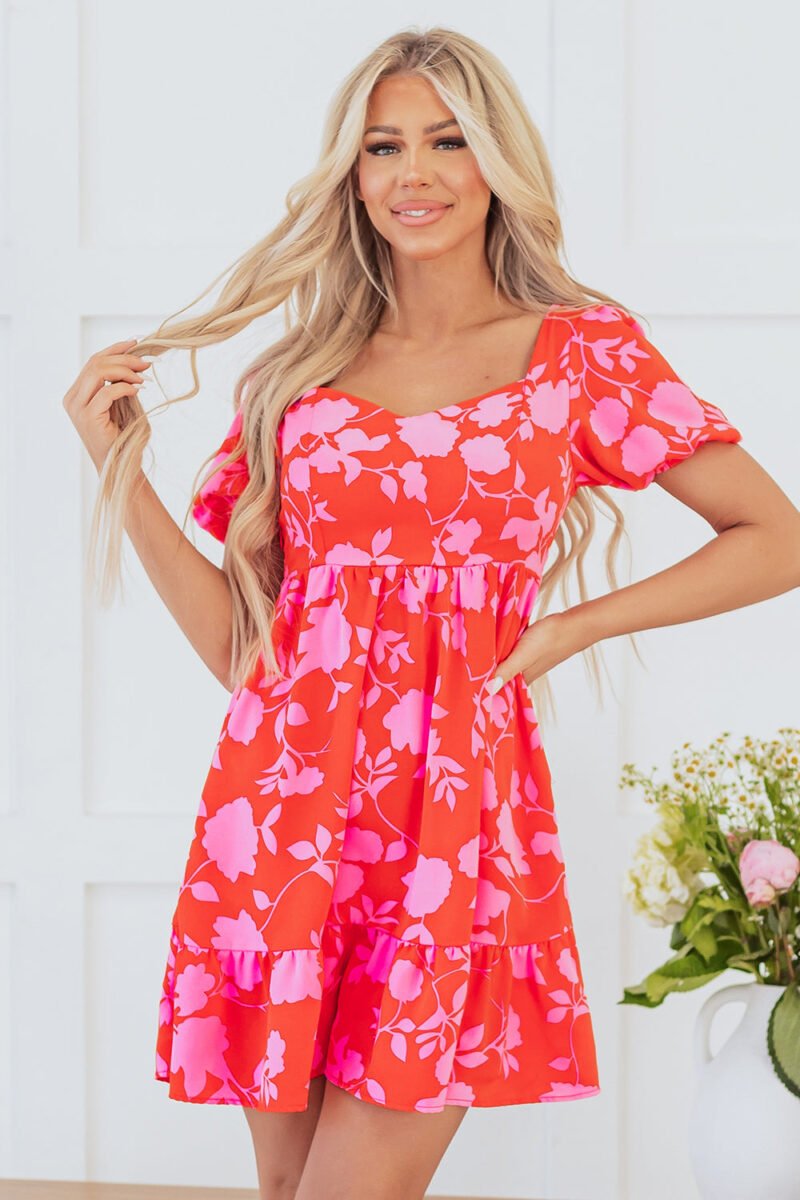 Red Floral Bubble Sleeve Sweetheart Neck Ruffled Mini Dress