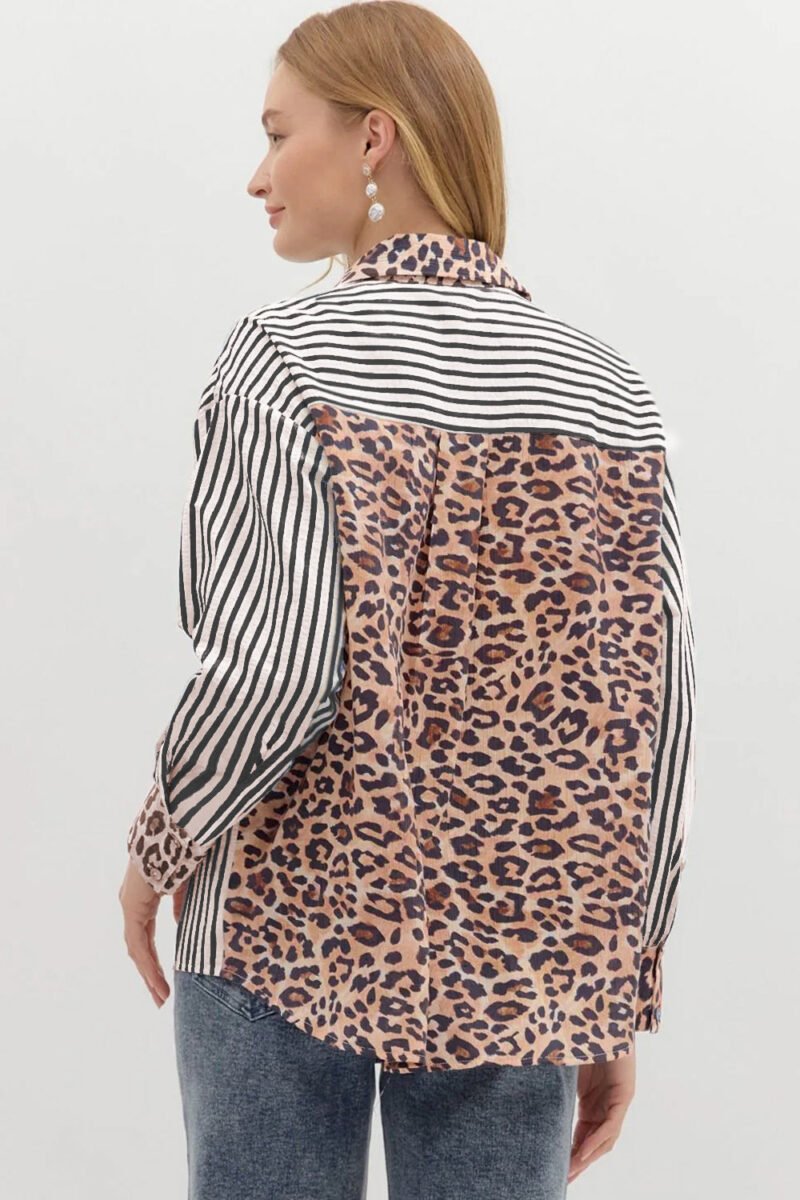 Black Striped Leopard Print Patchwork Button Up Womens Shirt