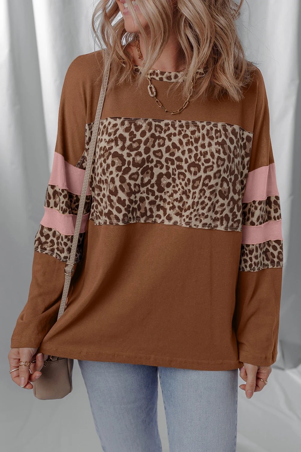 Dark Blue Leopard Colorblock Patchwork Long Sleeve Drop Shoulder Top