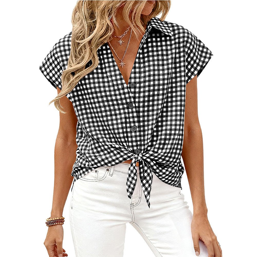 Women Gingham Button Down Summer Top Loose Fit Blouse