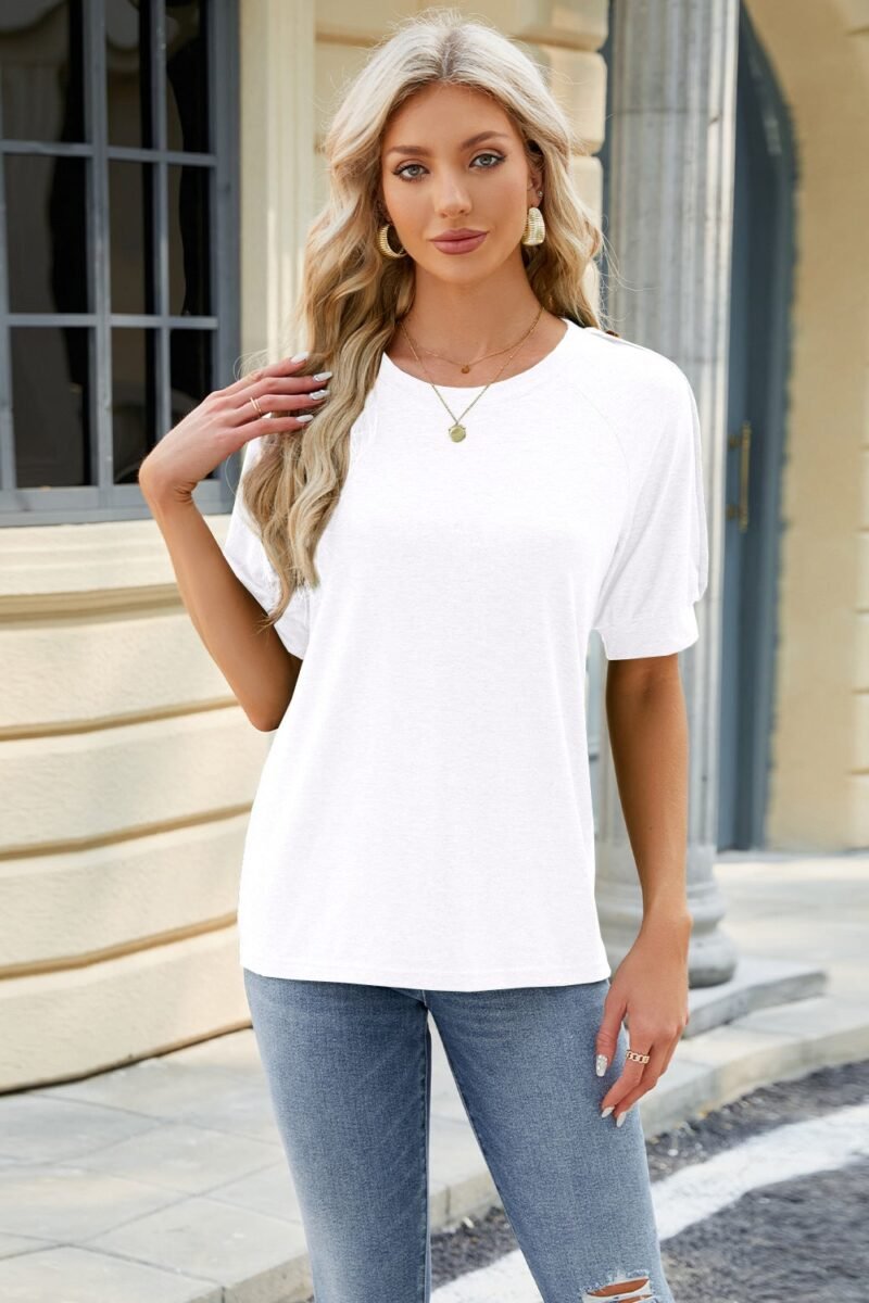Solid Cotton Blend Tee Casual Boutique Button Sleeve