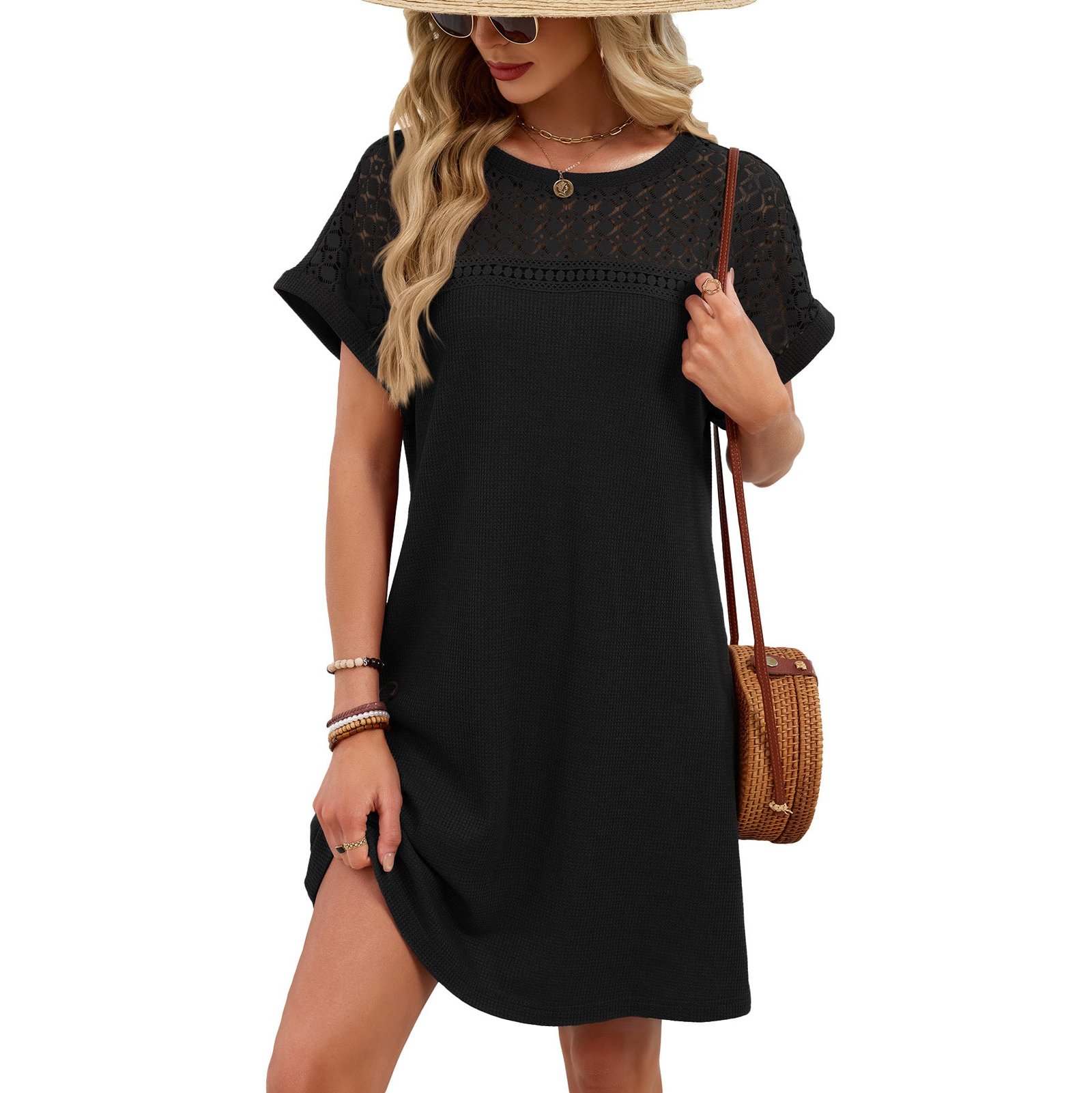 Women’s Lace Patchwork Short Sleeve Casual T Shirt Dress