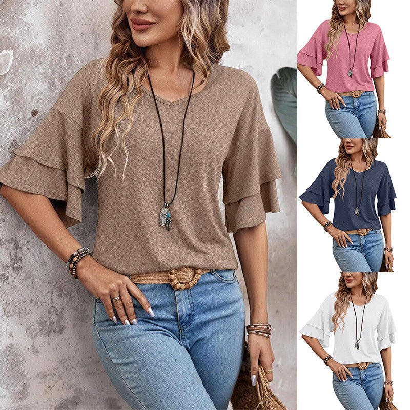 Camel Ruffle Sleeve V Neck Loose Fit Women Summer Top