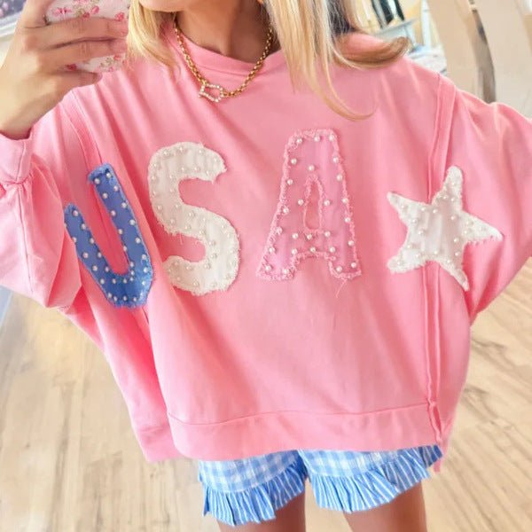 Women's USA Pearl Letter Patch Pink Oversized Sweatshirt Casual Long Sleeve Pullover