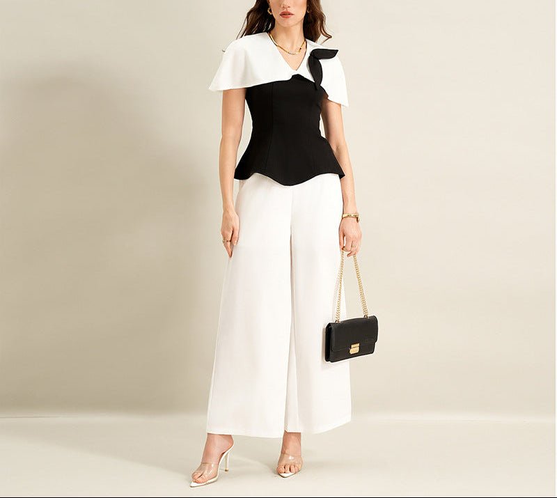 Elegant Black White Contrast Two Piece Pant Set