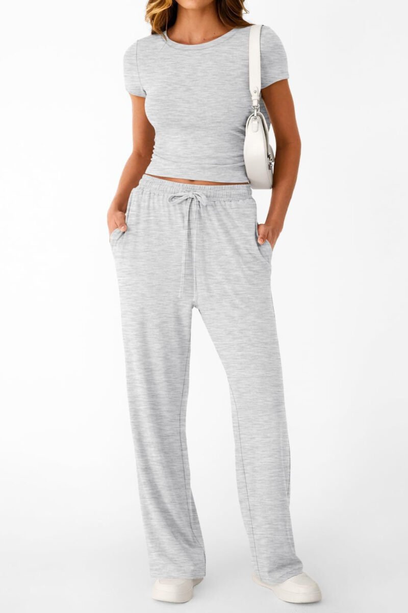 Women Y2K Two Piece Set Short Sleeve Crop Top Wide Leg Pants