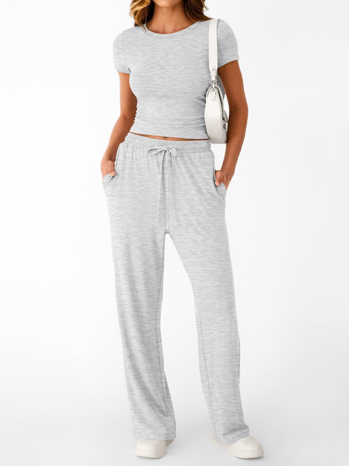 Women Y2K Two Piece Set Short Sleeve Crop Top Wide Leg Pants