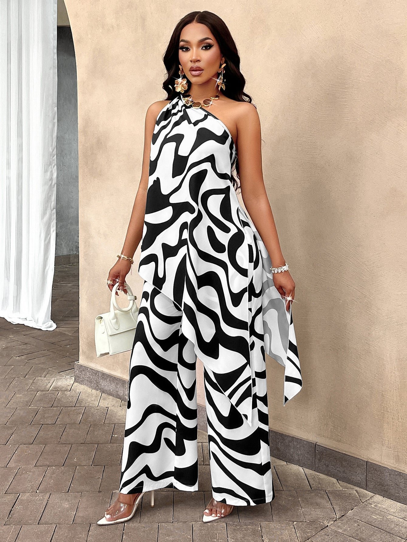 Women's Printed One Shoulder Top Pants Set
