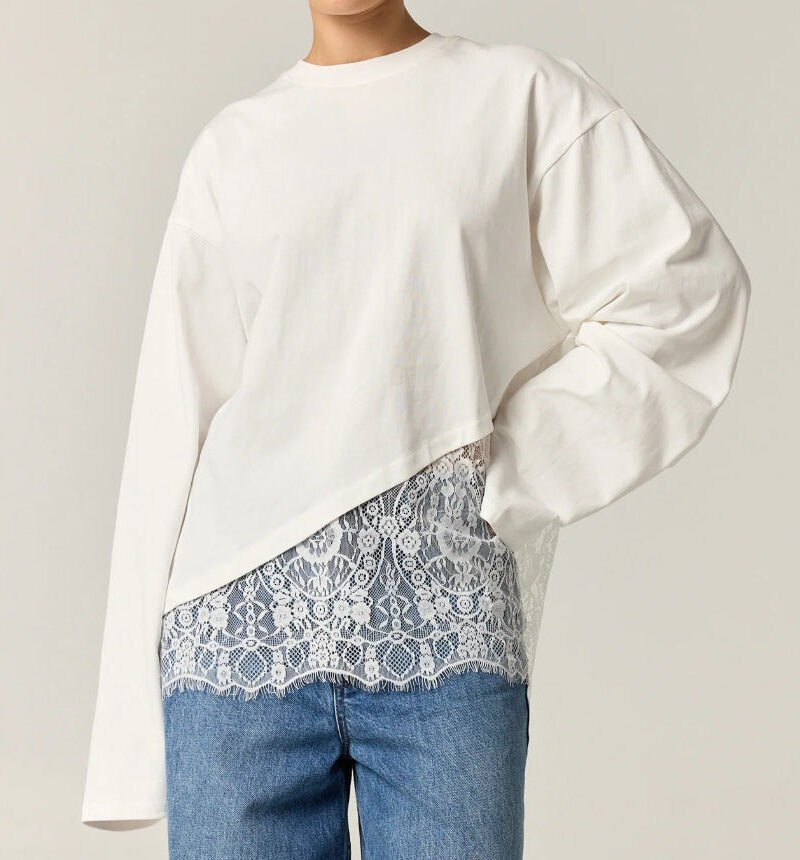 Women's Asymmetrical Lace Trim Long Sleeve Top