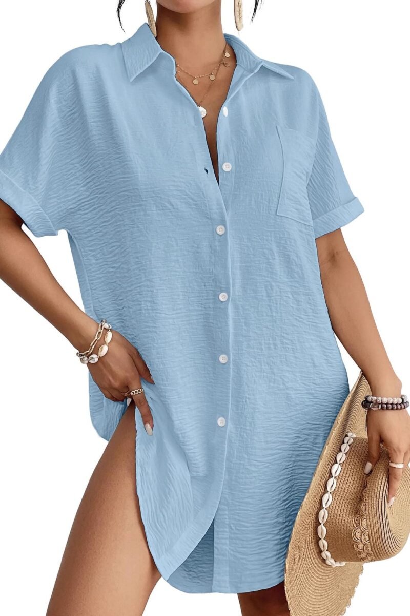 Women’s Button Down Shirt Dress Loose Pocket Short Sleeve