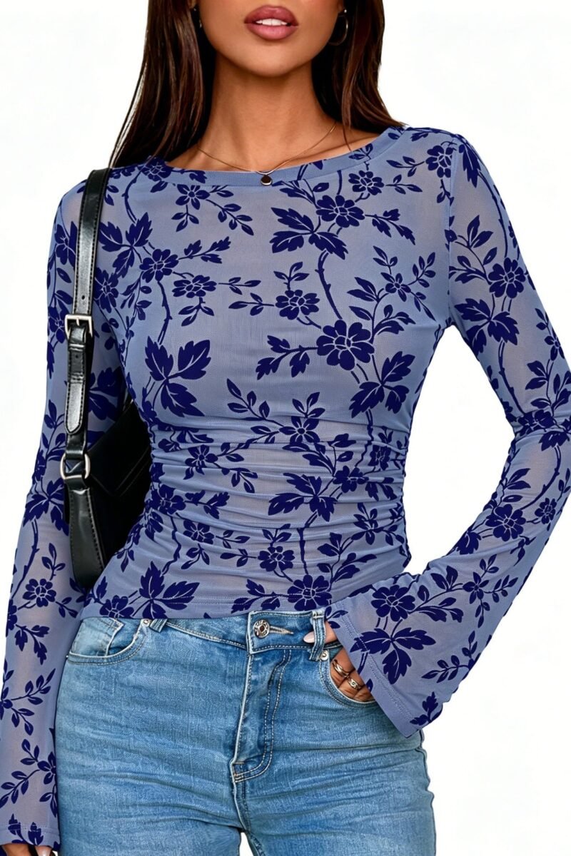 Floral Mesh Top Boutique Bell Sleeve Ruched Fitted Blouse