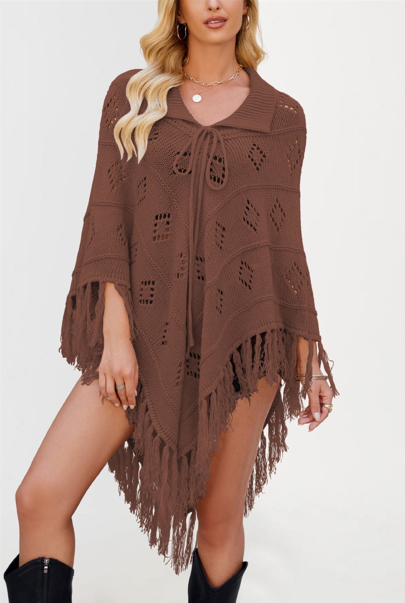 Womens Fringe Knit Poncho Shawl Sweater