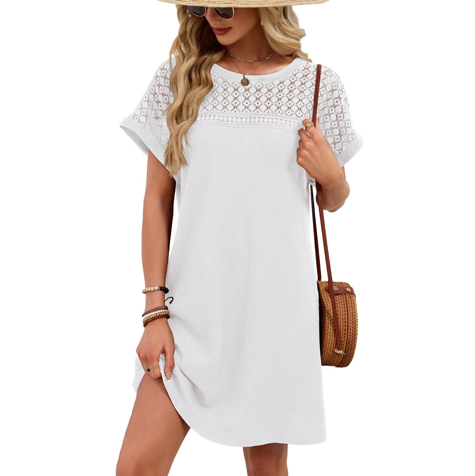 Women’s Lace Patchwork Short Sleeve Casual T Shirt Dress