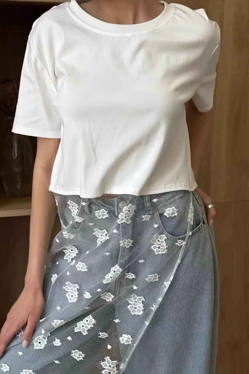 Women Lace Hem Cotton Short Sleeve Casual T Shirt