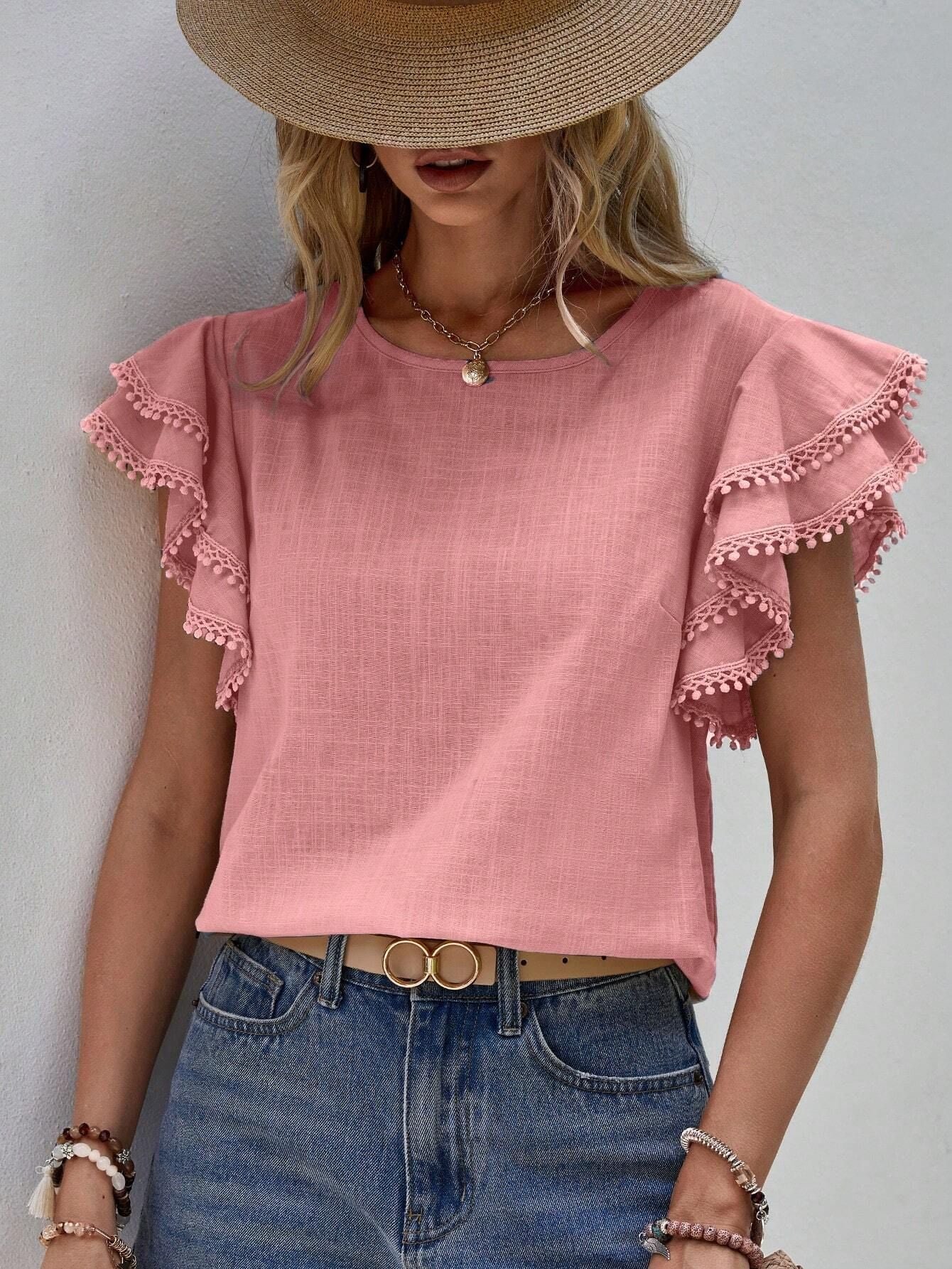 Women's Casual Ruffle Sleeve V-Neck Blouse Soft Cotton Pom Pom Trim Short Sleeve Top