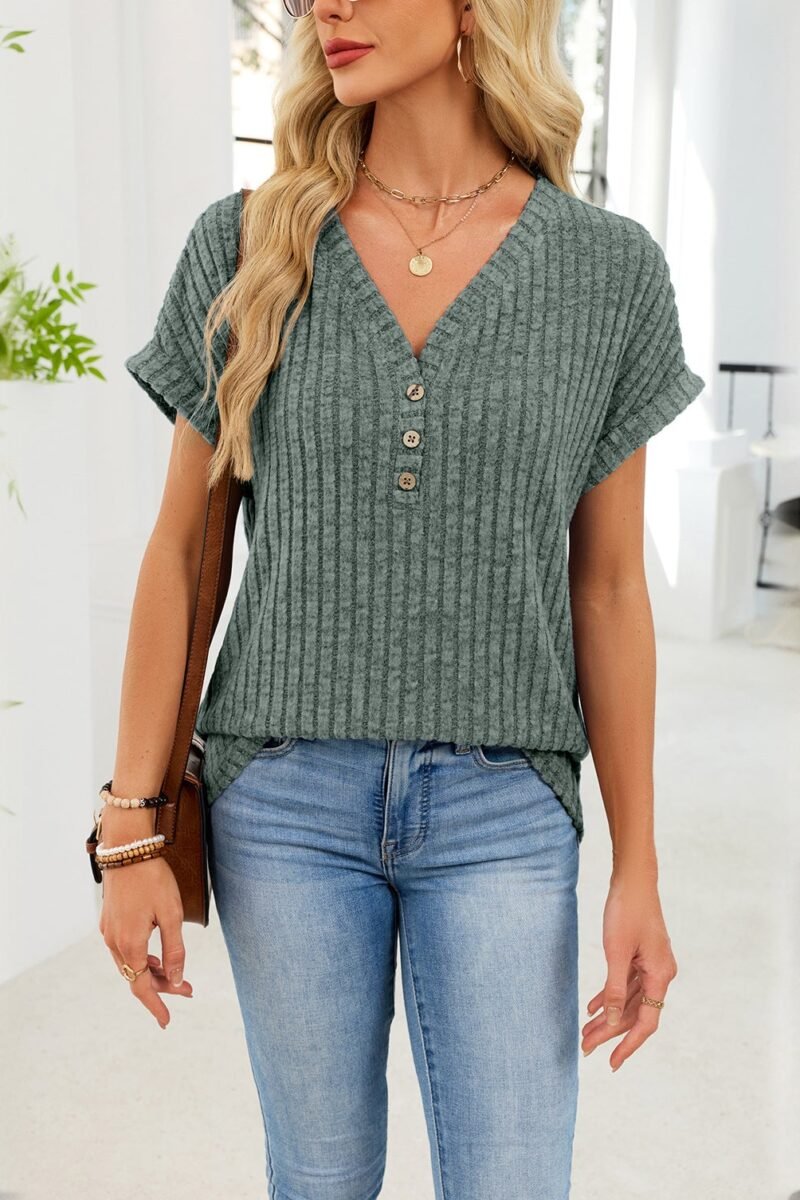 Solid Ribbed Knit Top V Neck Casual Short Sleeve