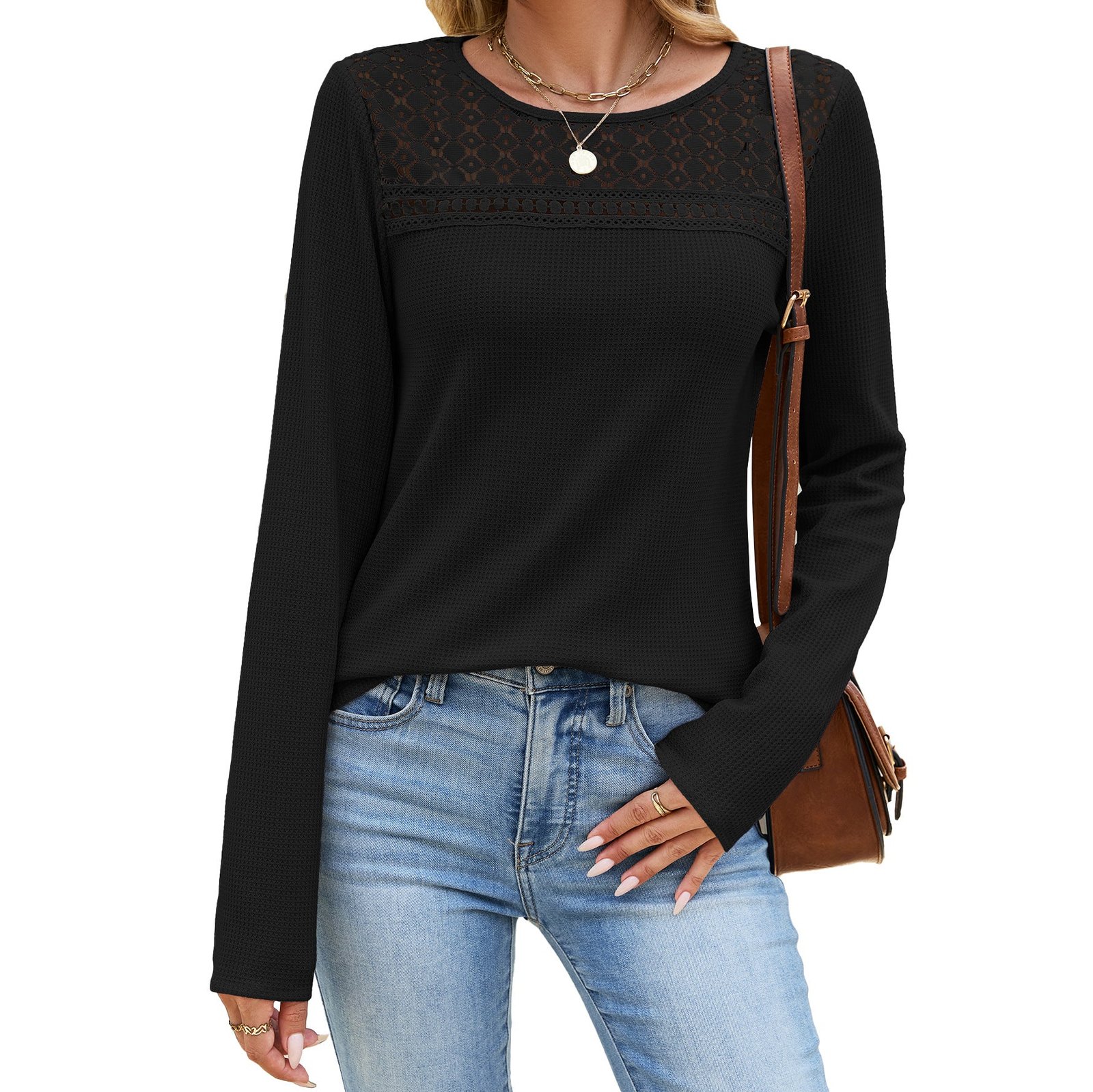Solid Blouse Floral Lace Casual Boutique Top
