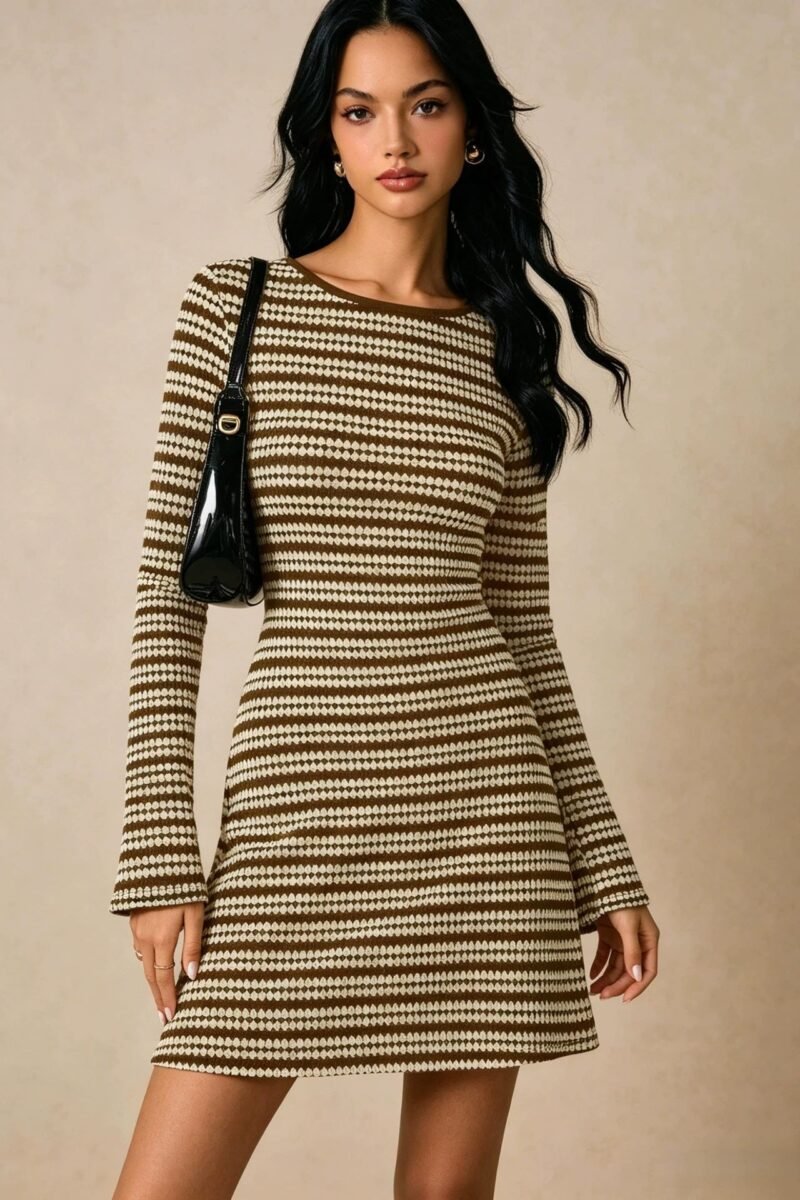 Striped Knit Dress Colorblock Mini Long Sleeve Boutique