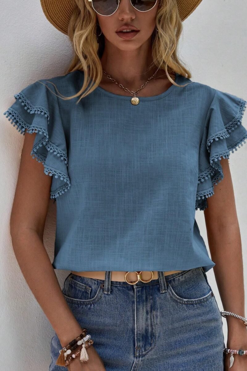 Women's Casual Ruffle Sleeve V-Neck Blouse Soft Cotton Pom Pom Trim Short Sleeve Top