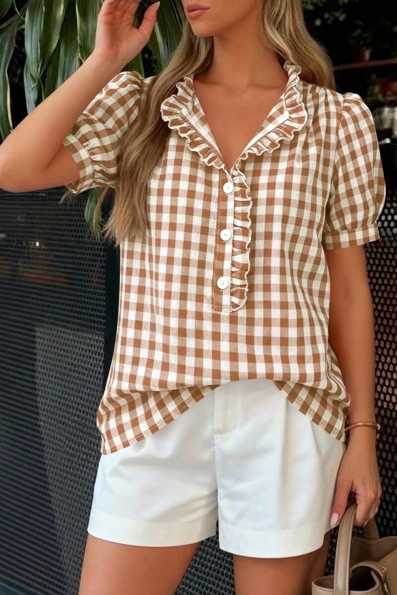 Plaid Puff Sleeve Blouse Boutique Ruffle Button Top