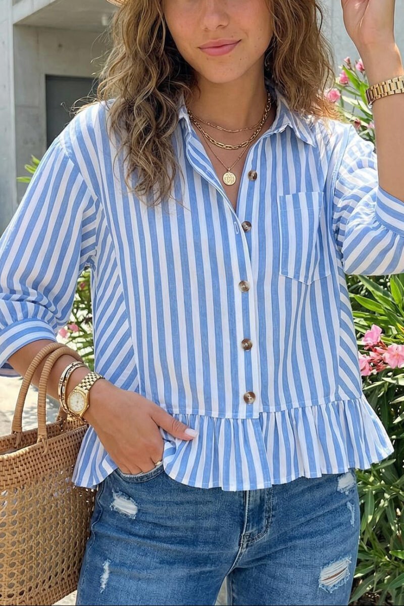 Womens Striped Button Down Ruffle Hem Blouse 3/4 Sleeve