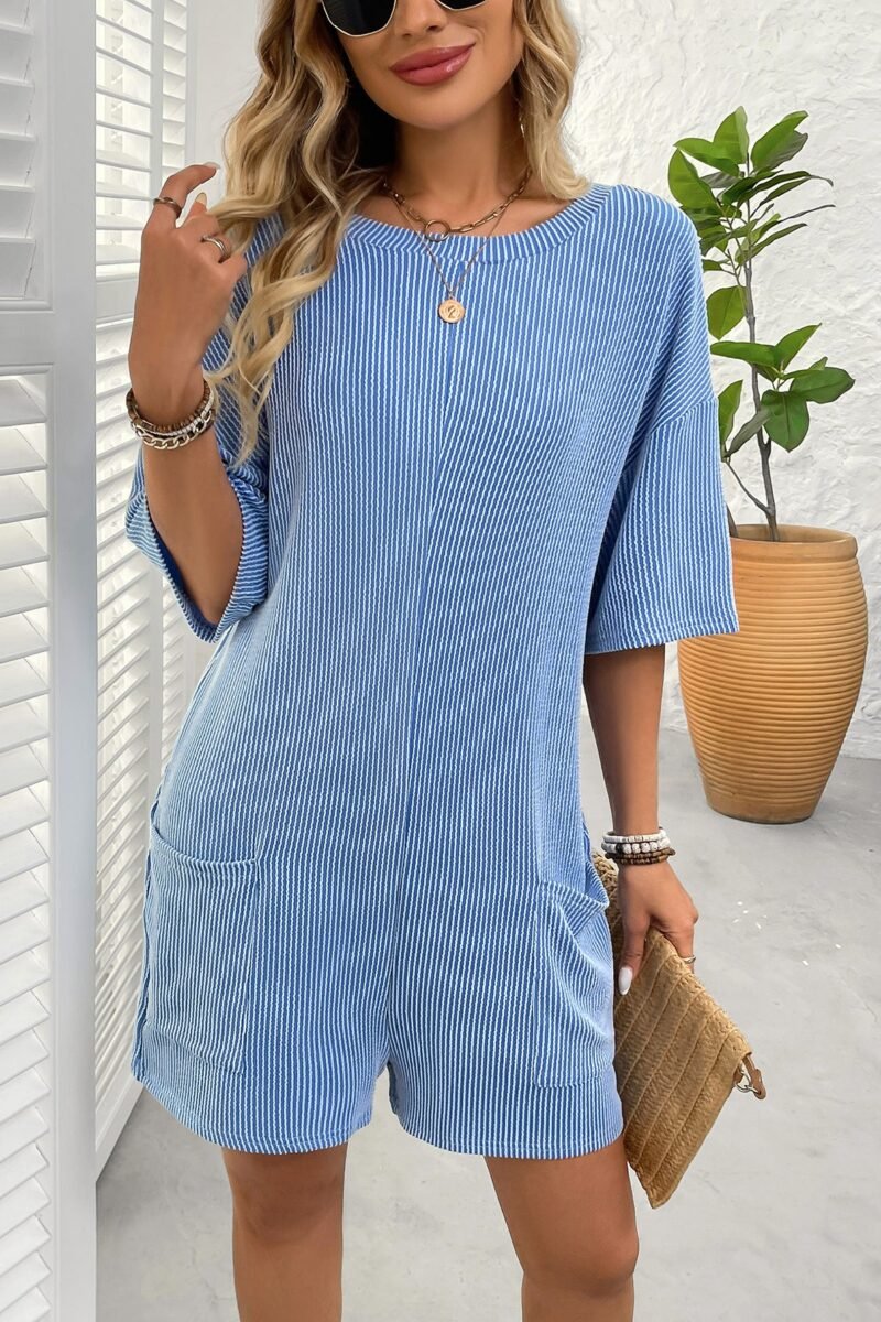 Womens Striped Romper Loose Fit Short Sleeve Jumpsuit