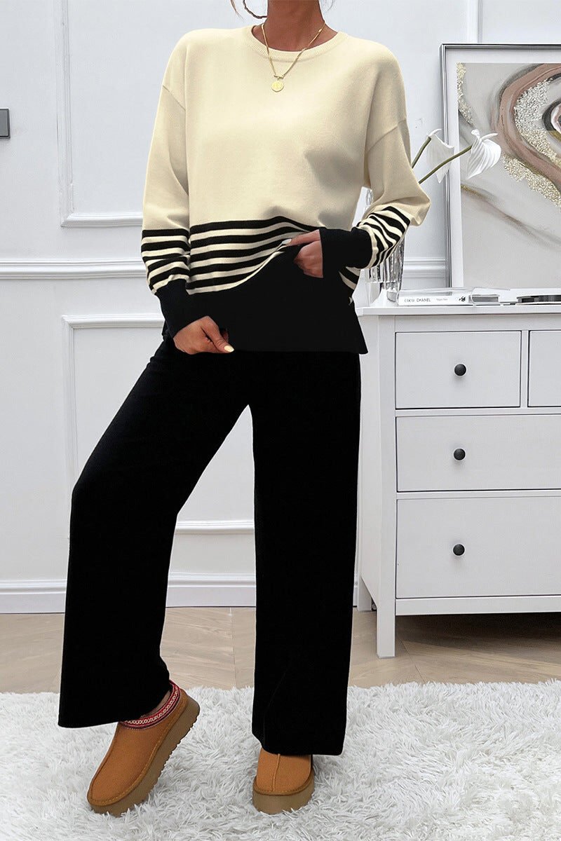 Women's Casual Loose Contrasting Color Straight Trousers Sweater Set