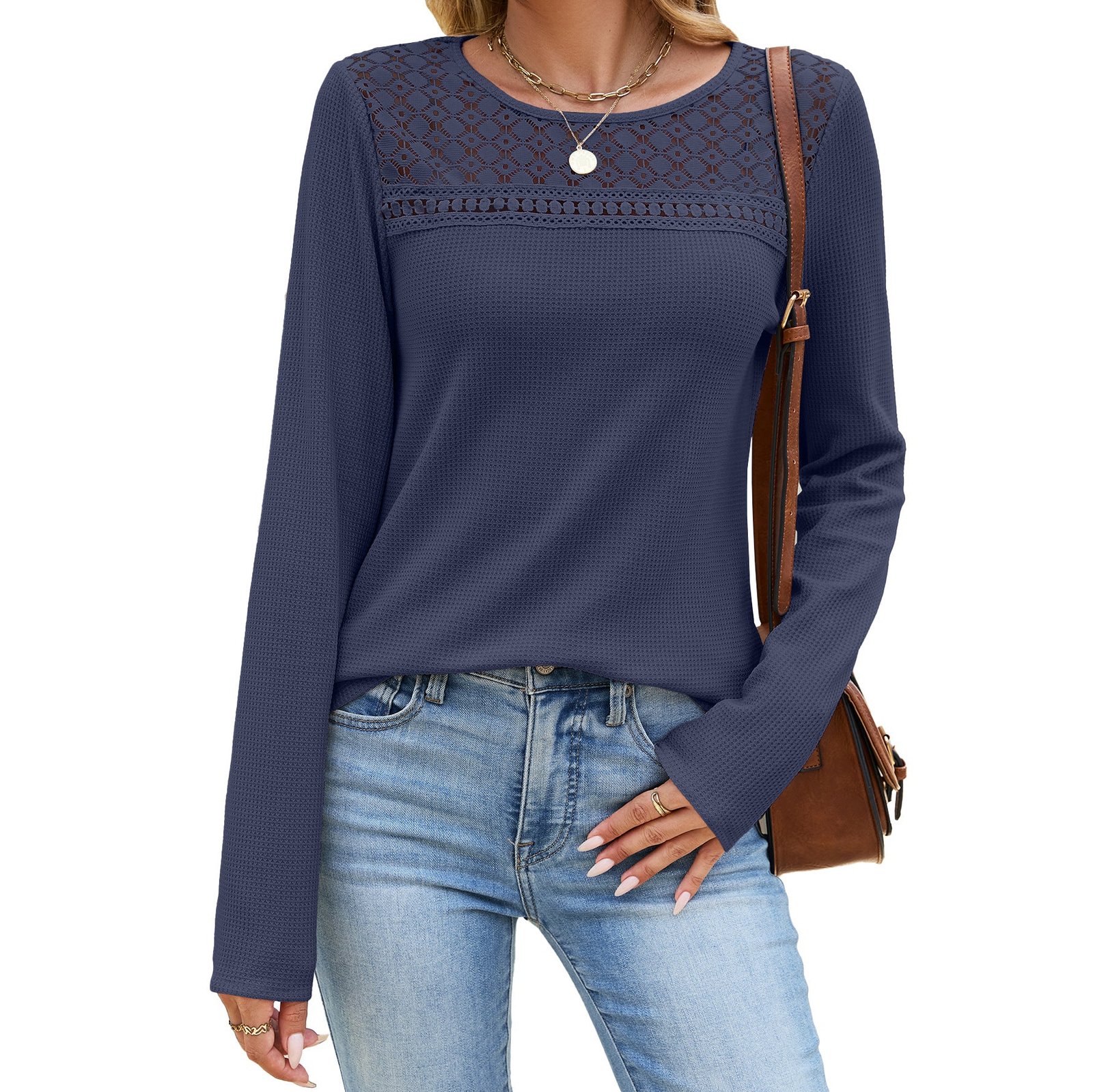 Solid Blouse Floral Lace Casual Boutique Top