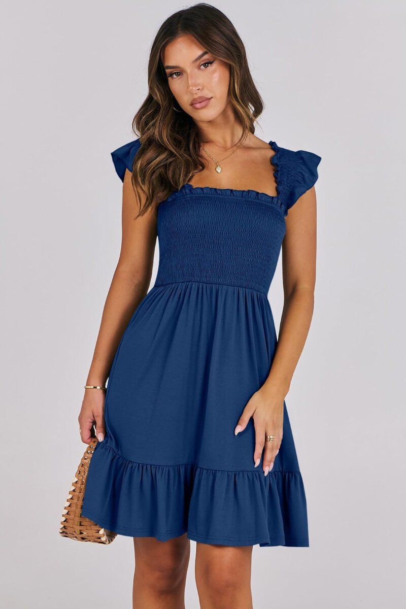 Women’s Smocked Square Neck Ruffle Sleeve Mini Dress Casual Summer Flowy A Line Dress