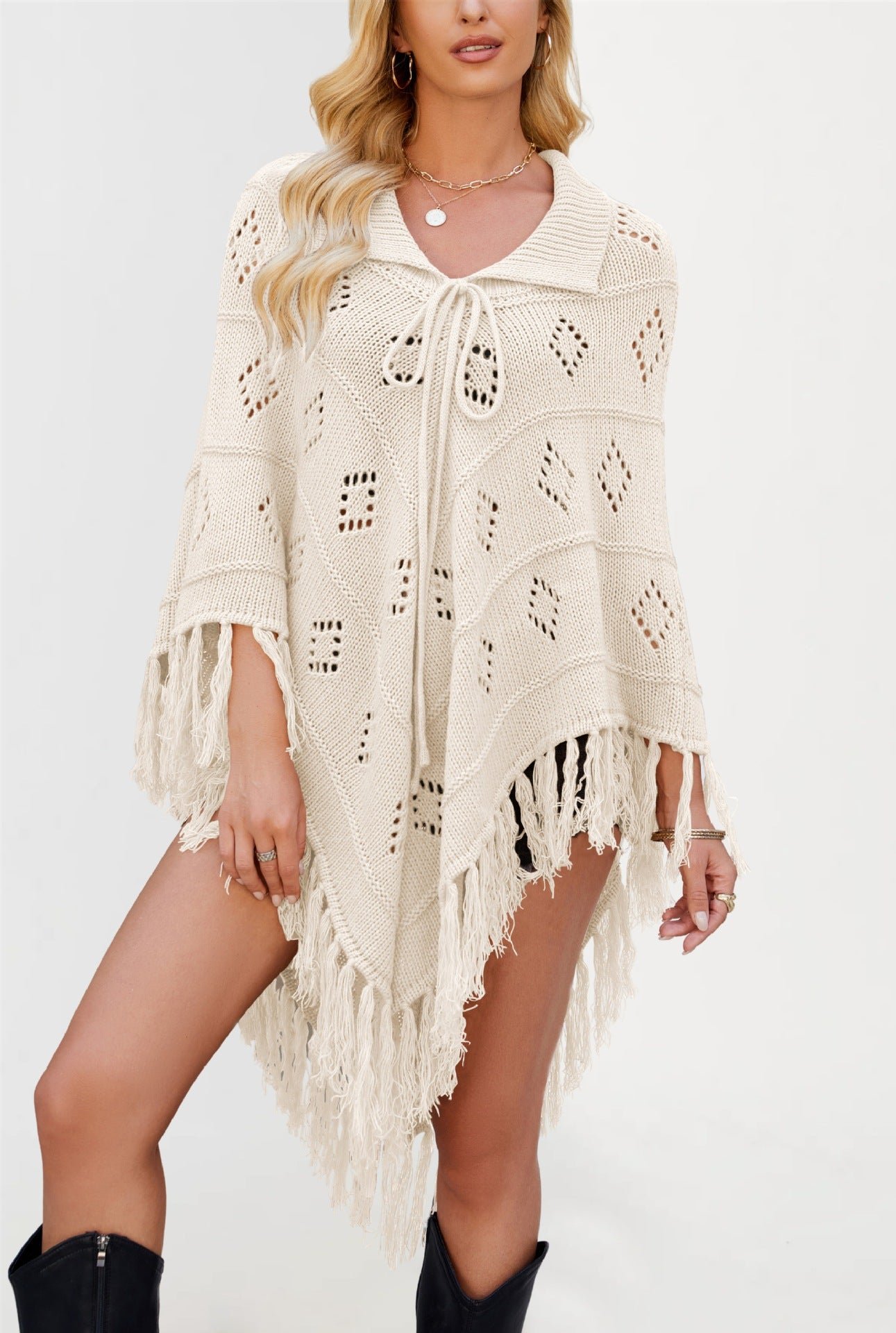 Womens Fringe Knit Poncho Shawl Sweater