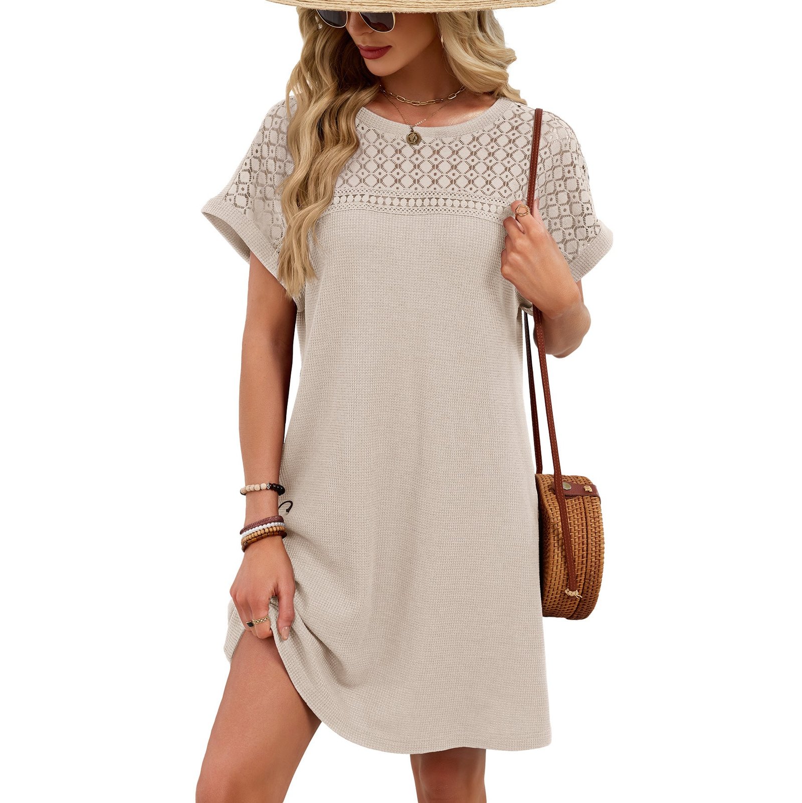 Women’s Lace Patchwork Short Sleeve Casual T Shirt Dress