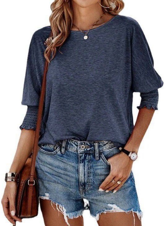 Solid Rayon Blouse Casual Boutique Smocked Sleeve