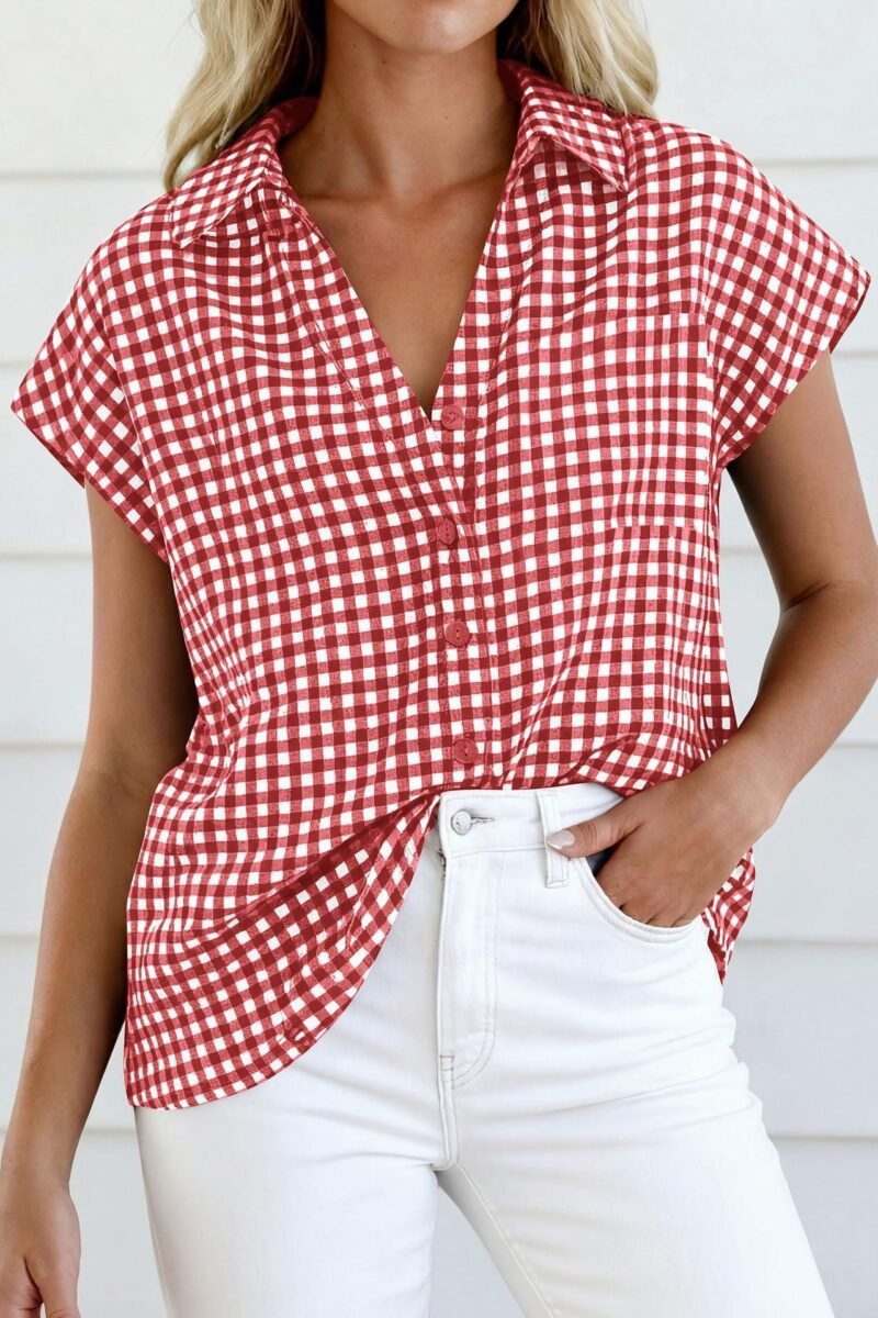 Women Gingham Button Down Summer Top Loose Fit Blouse