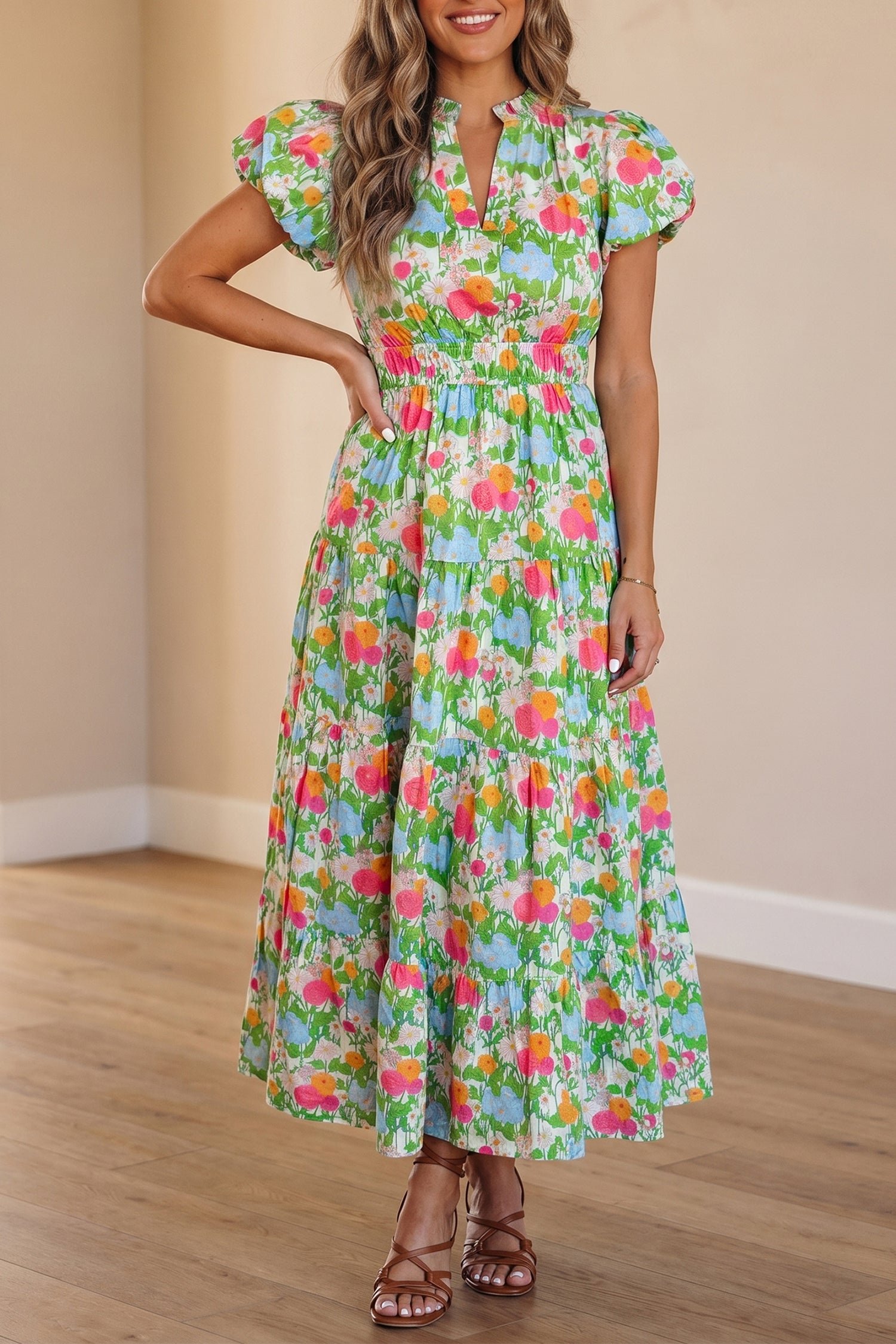 Floral Cotton Dress Casual Short Sleeve High Waist Shift