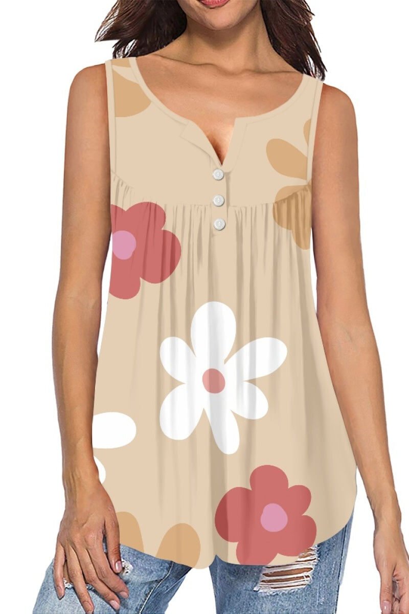 Khaki Bottom Colorful Flower Sleeveless Women's Clothing